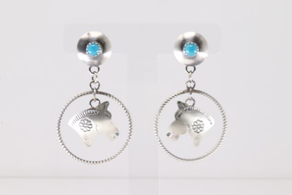 Native America Navajo Sterling Silver Turquoise Head Horse Post Dangling Earring's By Gabrielle