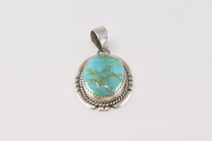 Native America Navajo Sterling Silver Kingman Turquoise Pendant By Freida Martinez.