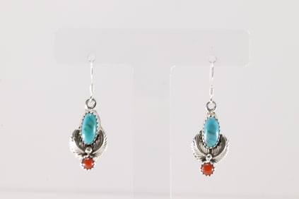 Native America Navajo Sterling Silver Coral & Turquoise Dangling Earring's By Robert Martinez.