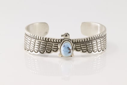 Native America Navajo Sterling Silver Golden Hill Turquoise Thunderbird Bracelet Cuff By Darell