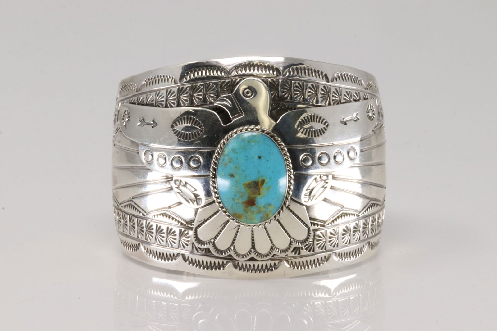Native America Navajo Sterling Silver Turquoise Thunderbird Bracelet Cuff By Evelyn Bahe. (1 of 4)