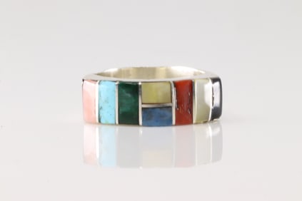 Native America Navajo Sterling Silver Multi-Color Stone Inlay Ring By V.K.