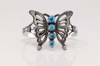 Native America Navajo Sterling Silver Kingman Turquoise Butterfly Bracelet Cuff By EL Billah.