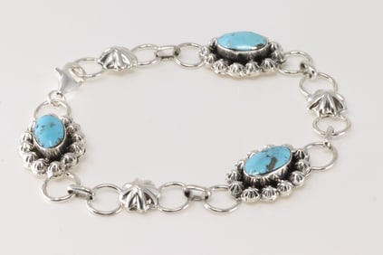 Native America Navajo Sterling Silver Turquoise Bracelet Link By Arlene Lewis.
