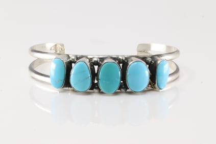 Native America Navajo Sterling Silver Kingman Turquoise Bracelet Cuff By Augustine Largo.