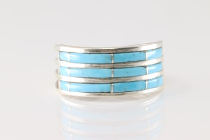 Native America Navajo Sterling Silver Turquoise Inlay Ring By A.E.