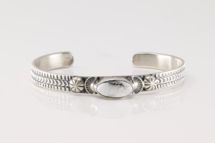 Native America Navajo Sterling Silver White Buffalo Bracelet Cuff By M.Spencer.