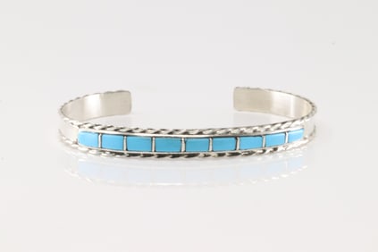 Native America Zuni Sterling Silver Turquoise Inlay Bracelet Cuff By J.P.C.