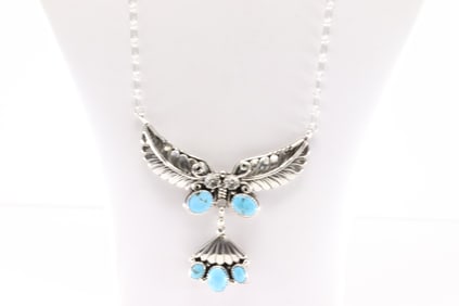 Native America Navajo Sterling Silver Turquoise Necklace Floral By Emerson Delgarito.