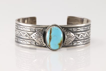 Native America Navajo Sterling Silver Kingman Turquoise Bracelet Cuff By Sunshine Reeves.