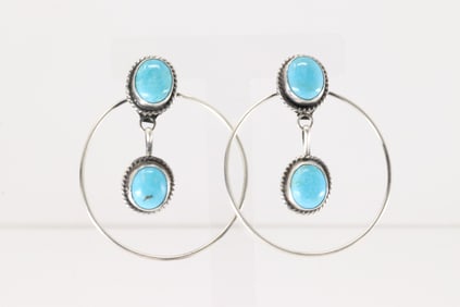 Native America Navajo Sterling Silver Kingman Turquoise Hoop Earring's By Judith Dixon.