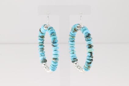 Native America Navajo Sterling Silver Turquoise & Beaded Hoop Dangling Earring's.