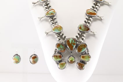 Native America Navajo Sterling Silver Kingman Turquoise squash Blossom Necklace & Earring's By