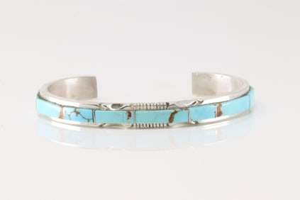 Native America Navajo Sterling Silver Kingman Turquoise Inlay Bracelet Cuff By S.F.