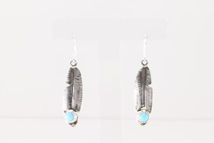 Native America Navajo Sterling Silver Turquoise Feather Dangling Earring's By Genevieve Francisco.