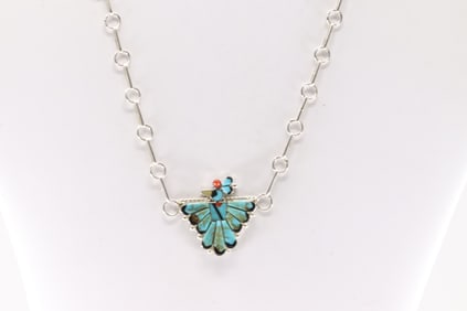 Native America Zuni Sterling Silver Multi-Color Stone Bird Necklace By Michelle Peina.