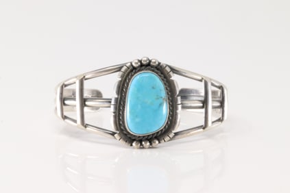 Native America Navajo Sterling Silver Kingman Turquoise Bracelet Cuff By Allanna Yellow.