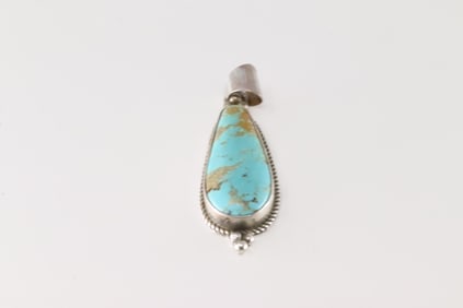 Native America Navajo Sterling Silver Kingman Turquoise Pendant By Freda Martinez.