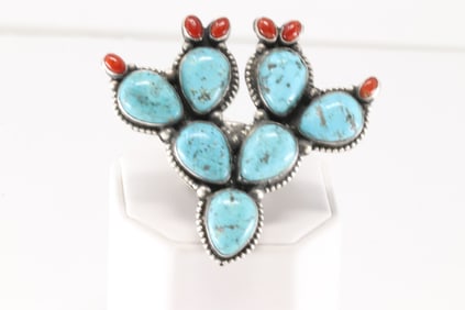 Native America Navajo Sterling Silver Coral & Kingman Turquoise Cactus Ring By Shaan C.