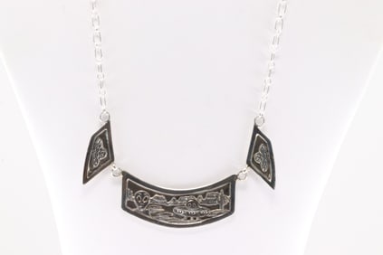 Native America Navajo Sterling Silver Alien and Ship Space Necklace By Jeremy Delgarito.