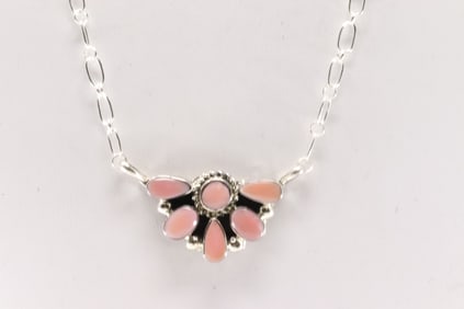 Native America Navajo Sterling Silver Pink Conch Shell Necklace By Suzanna Johnson.