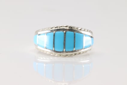 Native America Zuni Sterling Silver Turquoise Inlay Ring By M.P.