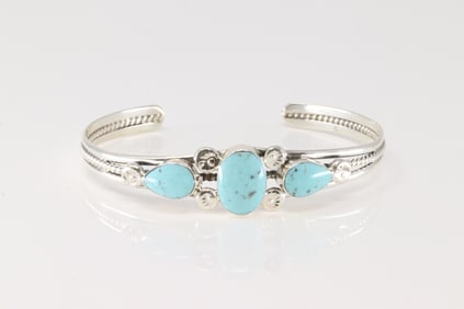 Native America Navajo Sterling Silver Turquoise Bracelet Cuff By Charlene Yazzie.