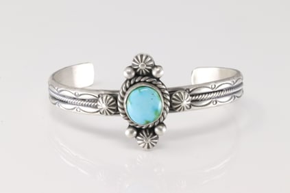 Native America Navajo Sterling Silver Sonora Gold Turquoise Bracelet Cuff By M.C.