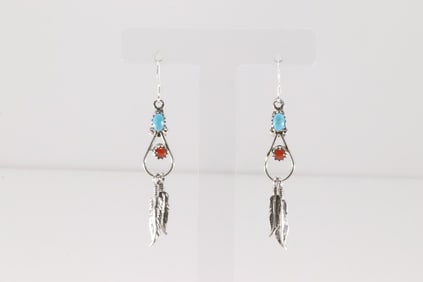 Native America Navajo Sterling Silver Coral & Turquoise Dangling Earring's By Robert Martinez.