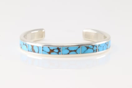 Native America Navajo Sterling Silver Kingman Turquoise Bracelet Cuff By Loretto.