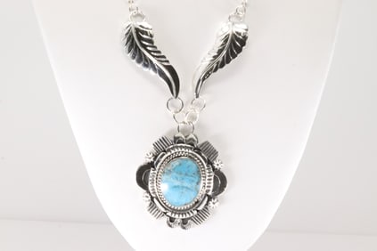 Native America Navajo Sterling Silver Turquoise Necklace Leaf By Jimson Belein.