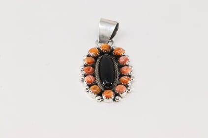 Native America Navajo Sterling Silver Spiny Oyster & Black Onyx Pendant By Ella Spencer.