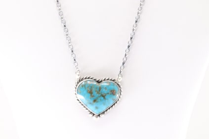 Native America Navajo Sterling Silver Kingman Turquoise Heart Necklace By Johnny Dixon.