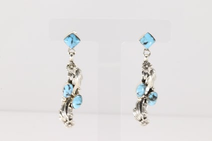 Native America Navajo Sterling Silver Turquoise Floral Post / Dangling Earring's By Loretta