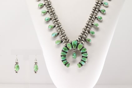 Native America Navajo Sterling Silver Sonora Gold Turquoise Squash Blossom Necklace & Earring's Set