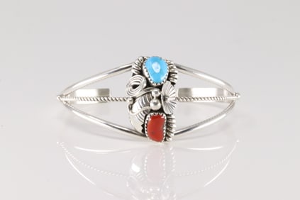 Native America Navajo Sterling Silver Coral & Turquoise Bracelet Cuff By Max Calladitto.