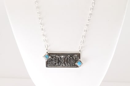 Native America Navajo Sterling Silver Turquoise Storyteller Necklace By Jeremy Delgarito.