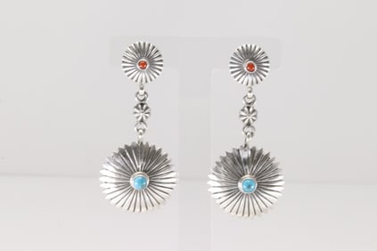 Native America Navajo Sterling Silver Coral & Turquoise Post / Dangling Earring's By Verley Betone.