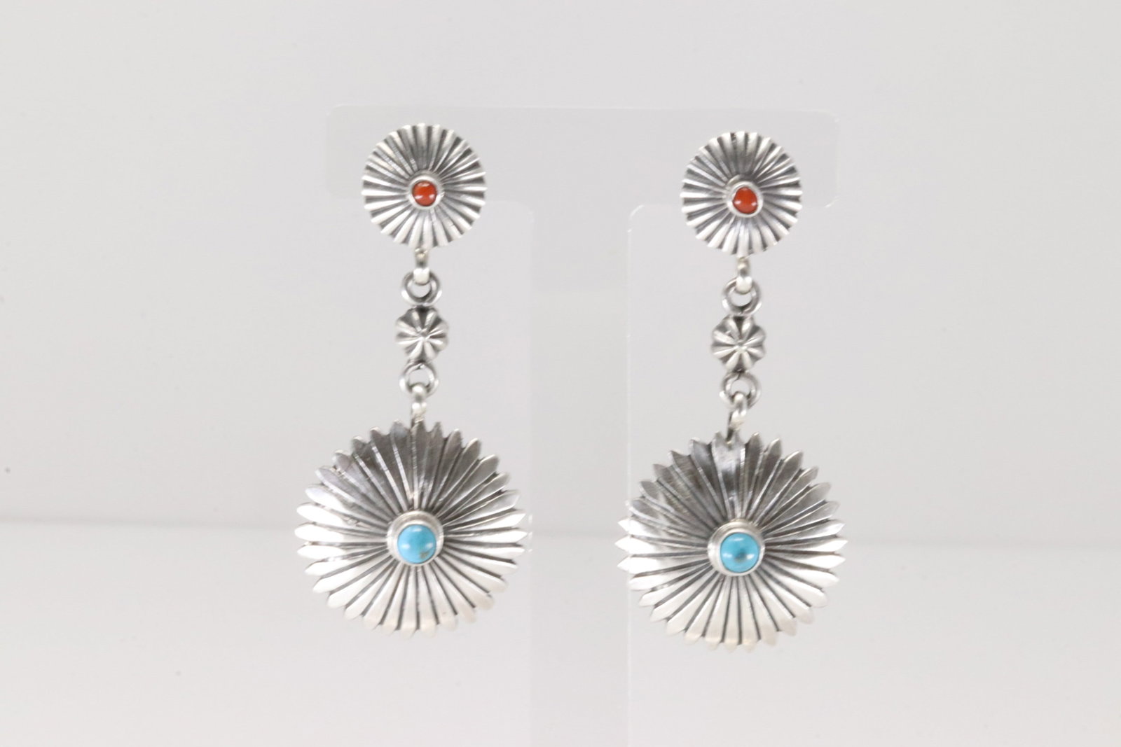 Native America Navajo Sterling Silver Coral & Turquoise Post / Dangling Earring's By Verley Betone.: This is a Native America Navajo Sterling Silver Coral & Turquoise Post / Dangling Earring's By Verley Betone.