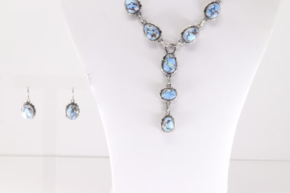 Native American Navajo Sterling Silver Golden Hill Turquoise Necklace & Earring's Set By L.M.Y.