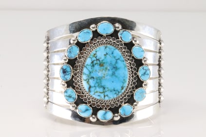Native America Navajo Sterling Silver Kingman Turquoise Bracelet Cuff By Tom Lewis.