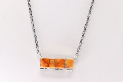 Native American Navajo Sterling Silver Spiny Oyster Inlay Necklace By Steve Francisco.