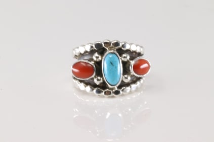 Native America Navajo Sterling Silver Coral & Turquoise Ring By Genevieve Francisco.