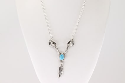 Native American Navajo Sterling Silver Turquoise Necklace By Verley Betone.