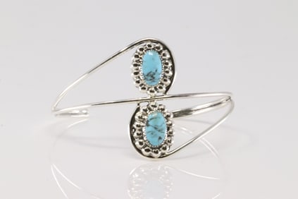 Native American Navajo Sterling Silver Turquoise Bracelet Cuff By Sadie Jim.