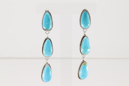 Native American Navajo Sterling Silver Kingman Turquoise Post / Dangling Earring's By L.