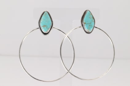Native American Navajo Sterling Silver Kingman Turquoise Hoop Post Earring's By Elouise Kee.