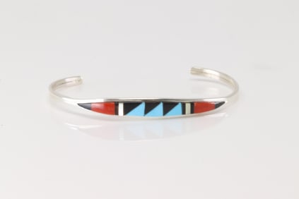 Native America Zuni Sterling Silver Multi-Color Stone Inlay Bracelet By Cena.