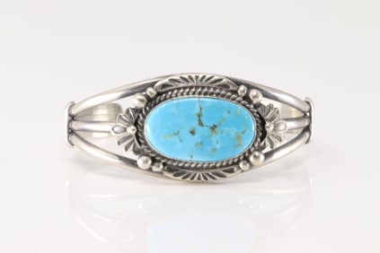 Native America Navajo Sterling Silver Kingman Turquoise Bracelet Cuff By Jimmy Lee.