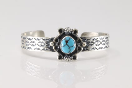 Native America Navajo Sterling Silver Kingman Turquoise Bracelet By R.M.